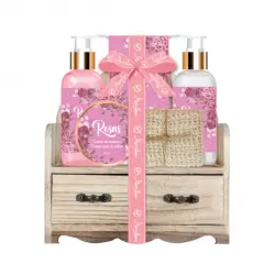 Set de Baño Caja de Madera Rosas 450 ml