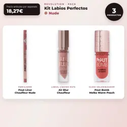Makeup Revolution - Set de Perfilador de labios Pout Liner - Chauffeur Nude + Labial líquido mate Air Blur - Chauffeur + Brillo de labios voluminizador Pout Bomb - Melba Warm Peach