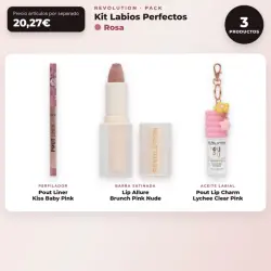 Makeup Revolution - Set de Perfilador de labios Pout Liner - Kiss Baby Pink + Barra de labios satinada Lip Allure - Brunch Pink Nude + Aceite labial Pout Lip Charm - Lychee Clear Pink