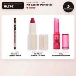 Makeup Revolution - Set de Perfilador de labios Pout Liner - Deepest Mauve + Barra de labios satinada Lip Allure - Material Girl Wine + Aceite labial en barra Jelly - Watermelon Crush Red
