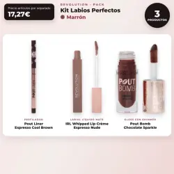 Makeup Revolution - Set de Perfilador de labios Pout Liner - Espresso Cool Brown + Labial líquido IRL Whipped Lip Crème - Espresso Nude + Brillo de labios con Shimmer Pout Bomb - Chocolate Sparkle