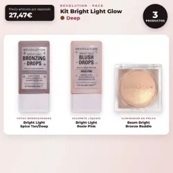 Makeup Revolution - Set de Gotas bronceadoras Bright Light - Spice Tan/Deep + Colorete líquido Bright Light - Rosie Pink + Iluminador en polvo Beam Bright - Bronze Baddie