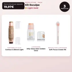 Makeup Revolution - Set de Contorno en stick Reloaded Contour & Blend - Light + Iluminador Jelly Glass Halo - Golden Glow + Brocha para iluminador Soft Focus Create - R6