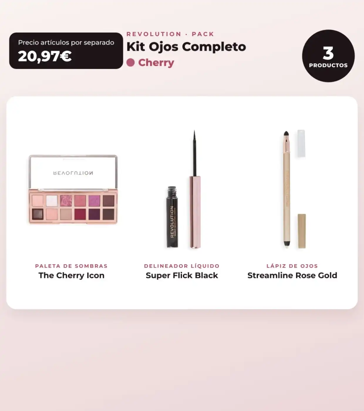 Makeup Revolution - Set de Paleta de sombras The Cherry Icon + Delineador de ojos líquido Super Flick - Black + Delineador de ojos Streamline Waterline Eyeliner Pencil - Rose Gold - Makeup Revolution - Comparador de precios