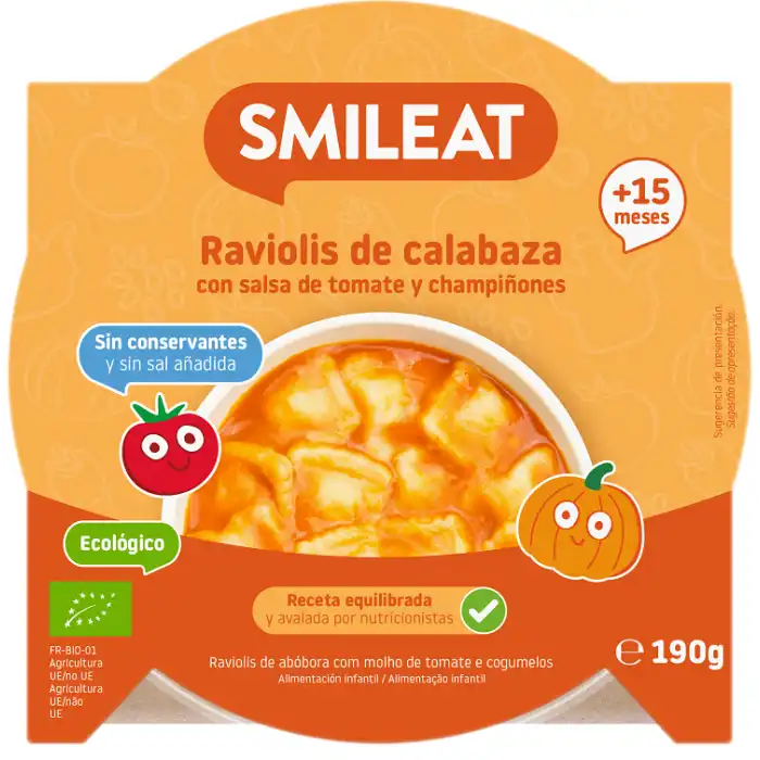 Platito Raviolis de calabaza con salsa de tomate ECO 0.19 gr - SMILEAT - Comparador de precios