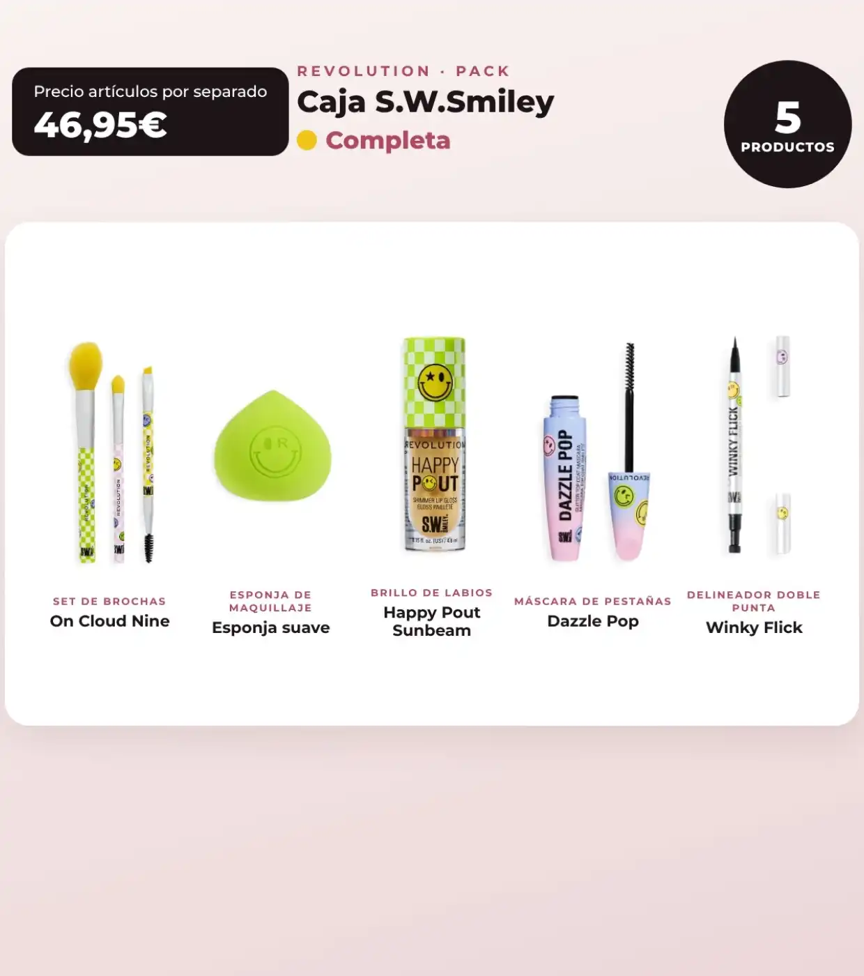 Makeup Revolution - Set *S.W.Smiley* - Brochas On Cloud Nine + Esponja de maquillaje suave + Brillo de labios Happy Pout + Máscara de pestañas Dazzle Pop + Delineador de ojos Winky Flick Double-Ended - Makeup Revolution - Comparador de precios