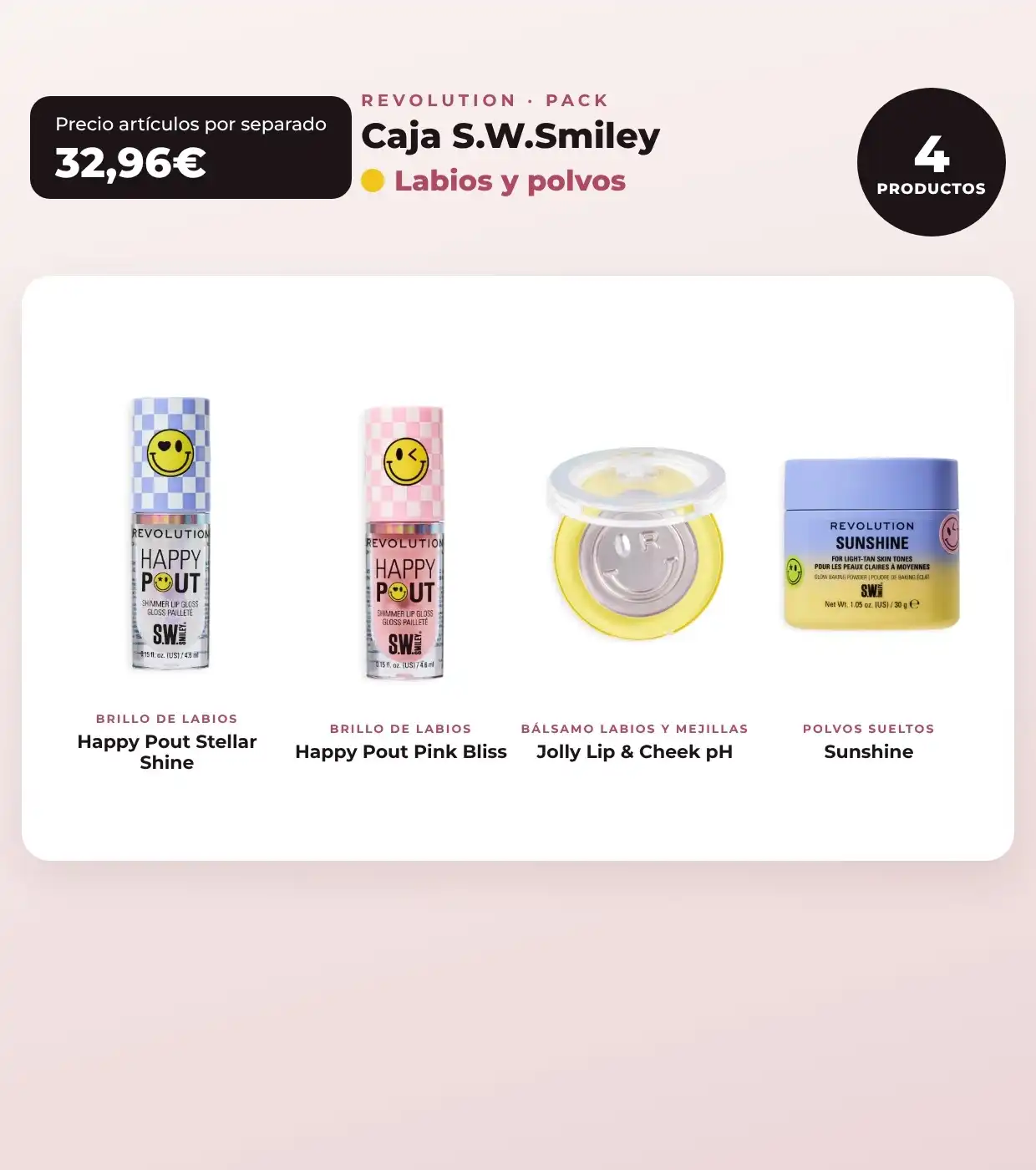 Makeup Revolution - Set *S.W.Smiley* - Brillo de labios Stellar Shine + Brillo de labios Pink Bliss + Bálsamo para labios y meijillas pH + Polvos sueltos Sunshine - Makeup Revolution - Comparador de precios