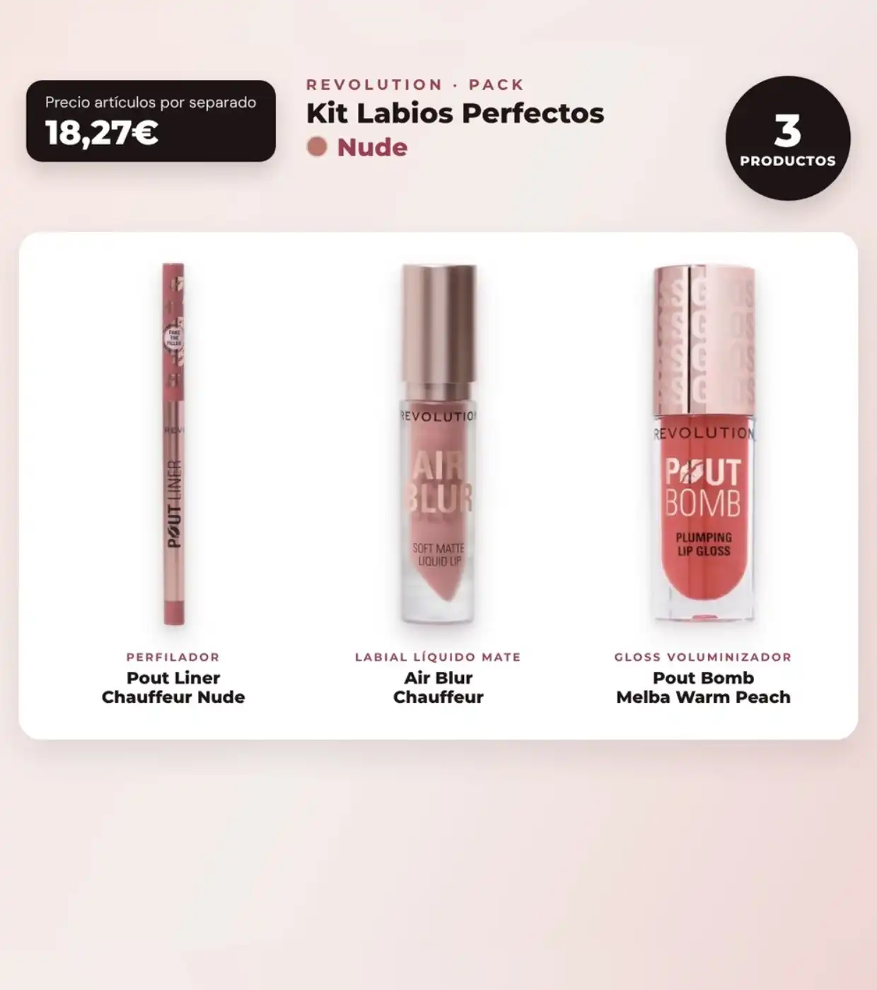 Makeup Revolution - Set de Perfilador de labios Pout Liner - Chauffeur Nude + Labial líquido mate Air Blur - Chauffeur + Brillo de labios voluminizador Pout Bomb - Melba Warm Peach - Makeup Revolution - Comparador de precios