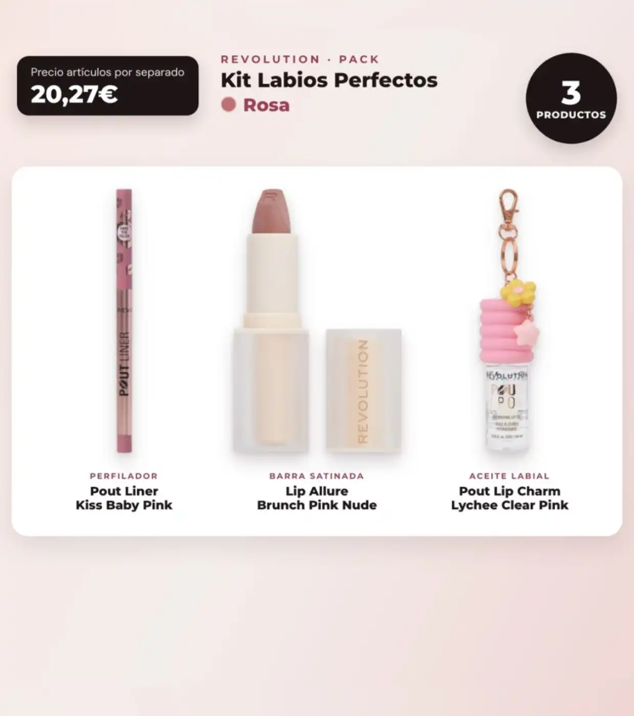Makeup Revolution - Set de Perfilador de labios Pout Liner - Kiss Baby Pink + Barra de labios satinada Lip Allure - Brunch Pink Nude + Aceite labial Pout Lip Charm - Lychee Clear Pink - Makeup Revolution - Comparador de precios