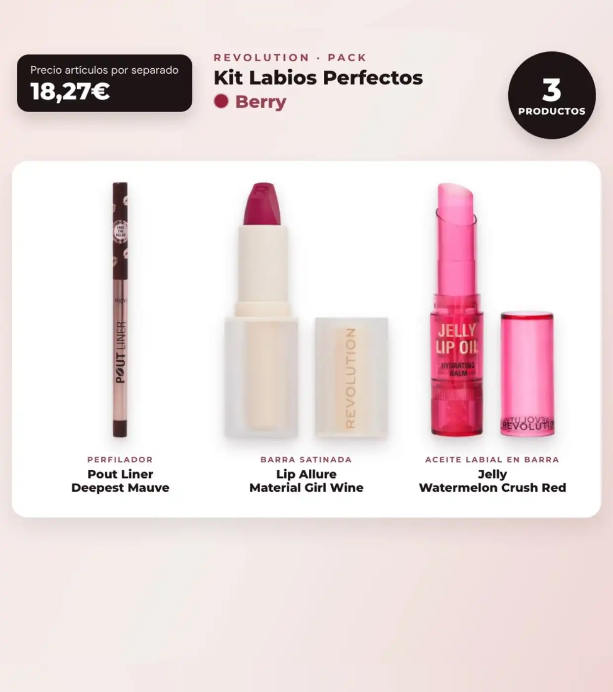 Makeup Revolution - Set de Perfilador de labios Pout Liner - Deepest Mauve + Barra de labios satinada Lip Allure - Material Girl Wine + Aceite labial en barra Jelly - Watermelon Crush Red - Makeup Revolution - Comparador de precios