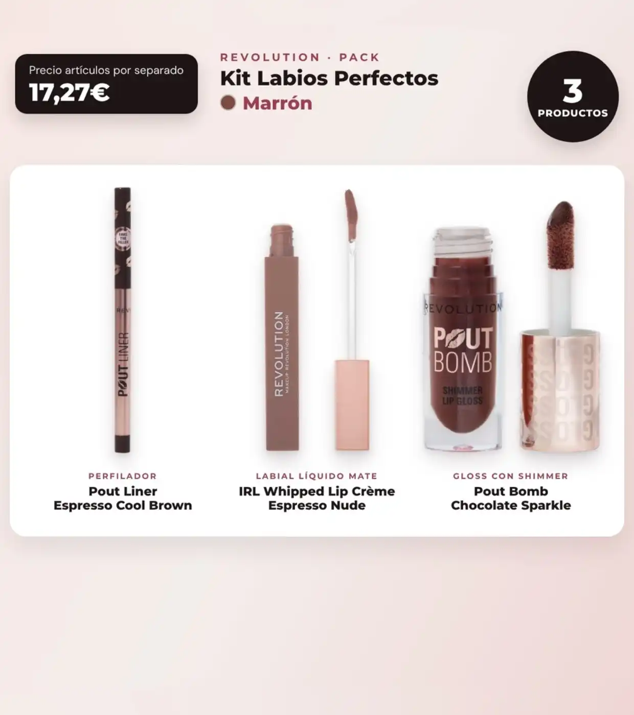 Makeup Revolution - Set de Perfilador de labios Pout Liner - Espresso Cool Brown + Labial líquido IRL Whipped Lip Crème - Espresso Nude + Brillo de labios con Shimmer Pout Bomb - Chocolate Sparkle - Makeup Revolution - Comparador de precios