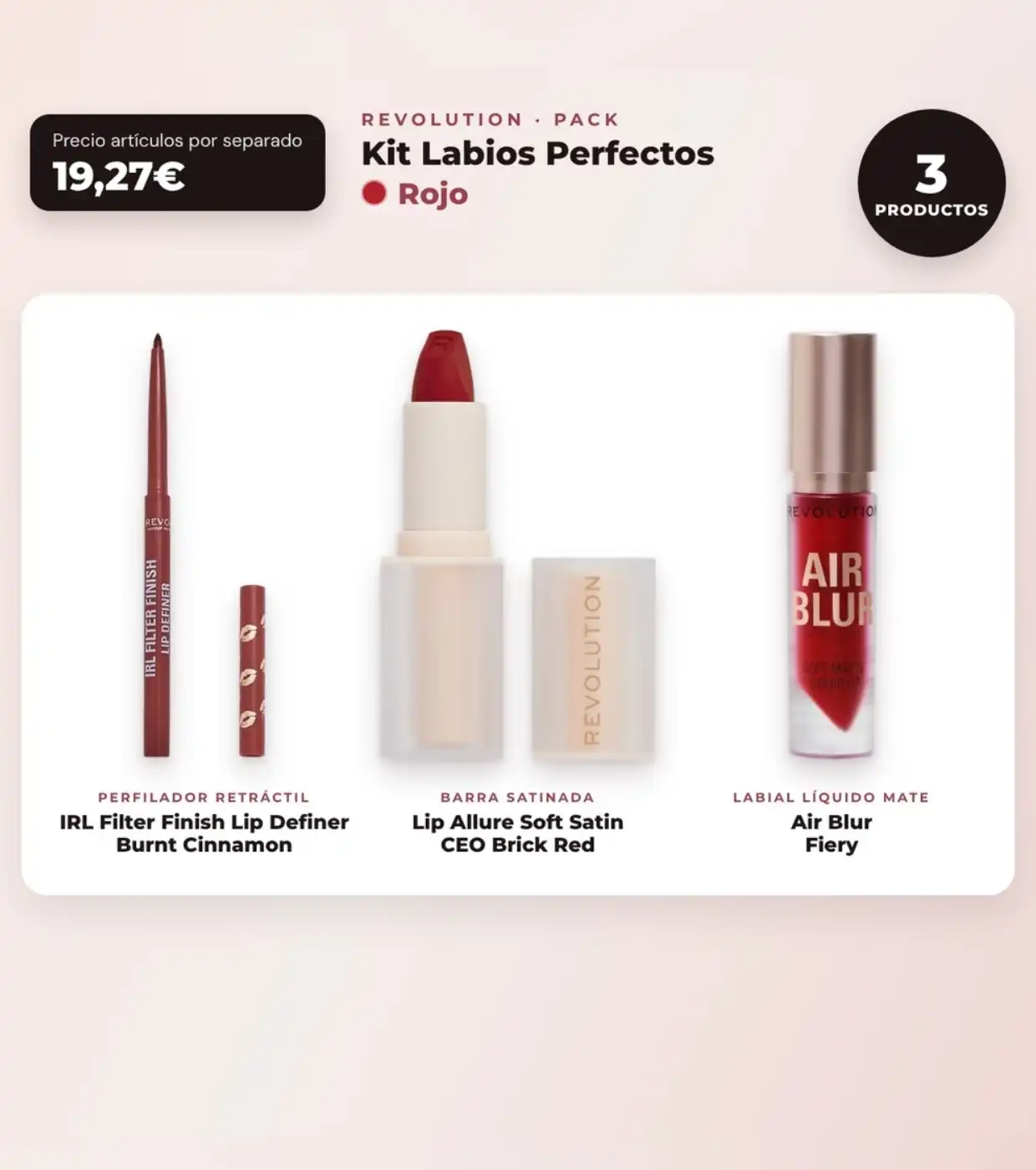 Makeup Revolution - Set de Perfilador de labios IRL Filter Finish Lip Definer - Burnt Cinnamon + Barra de labios satinada Lip Allure Soft Satin - CEO Brick Red + Labial líquido mate Air Blur - Fiery - Makeup Revolution - Comparador de precios