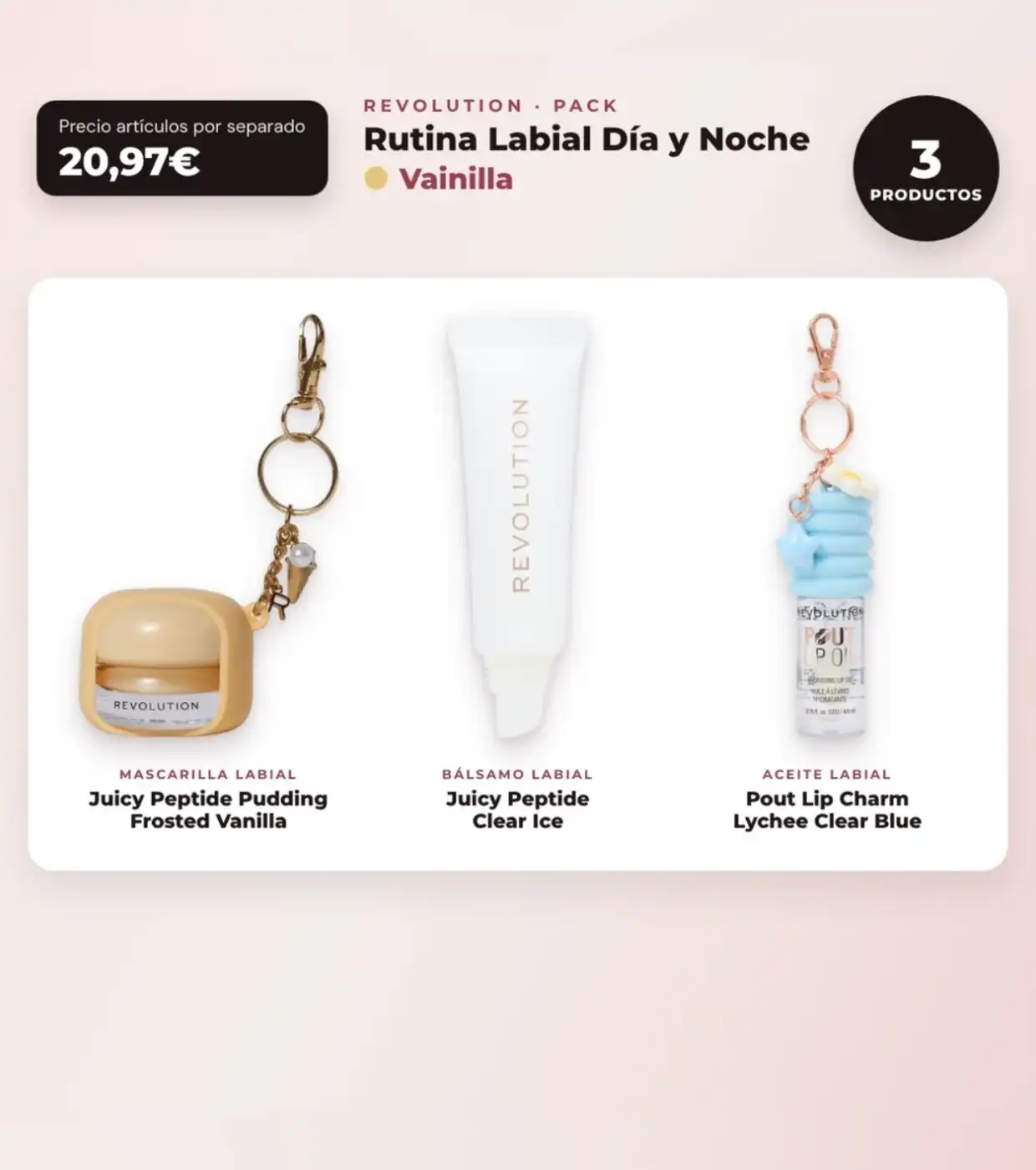 Makeup Revolution - Set de Mascarilla labial Juicy Peptide Pudding - Frosted Vanilla + Bálsamo labial Juicy Peptide - Clear Ice + Aceite labial Pout Lip Charm - Lychee Clear Blue - Makeup Revolution - Comparador de precios