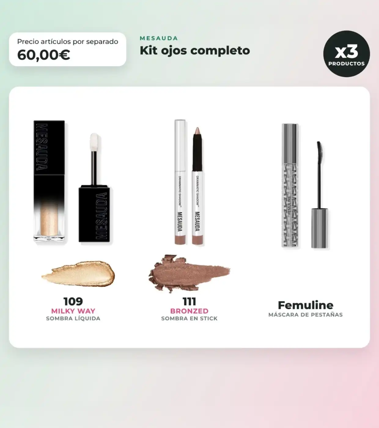 Mesauda - Pack ojos Galactic Shadow 109: Milky Way + Drawmatic Shadow 111: Bronzed + Máscara Femuline - Mesauda Beauty - Comparador de precios