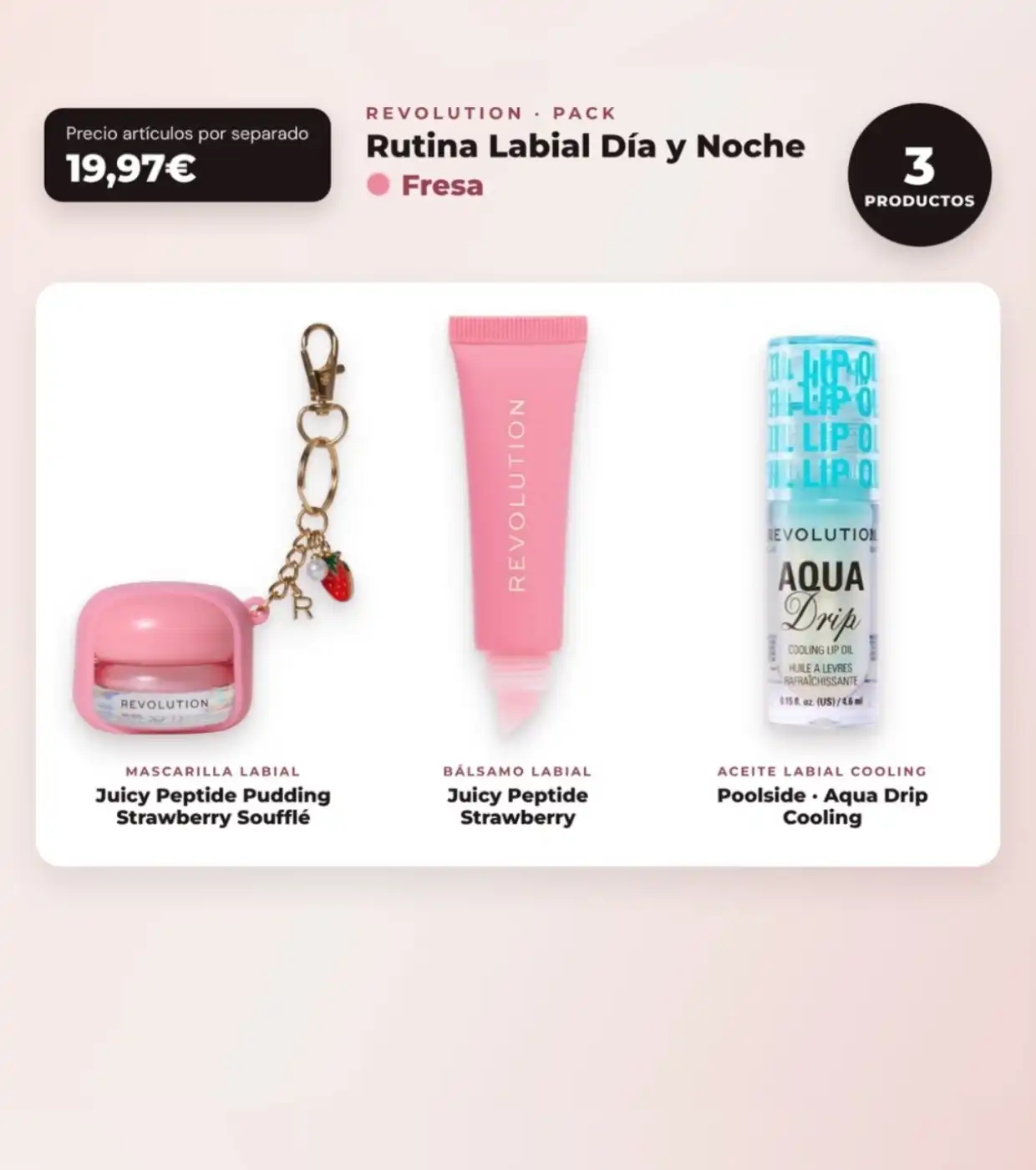 Makeup Revolution - Set de Mascarilla labial Juicy Peptide Pudding - Strawberry Soufflé + Bálsamo labial Juicy Peptide - Strawberry + Aceite labial Aqua Drip Cooling - Makeup Revolution - Comparador de precios