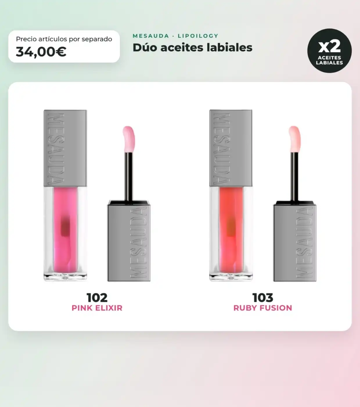 Mesauda - Pack dúo aceite labial Lipoilogy - 102: Pink Elixir + 103: Ruby Fusion - Mesauda Beauty - Comparador de precios