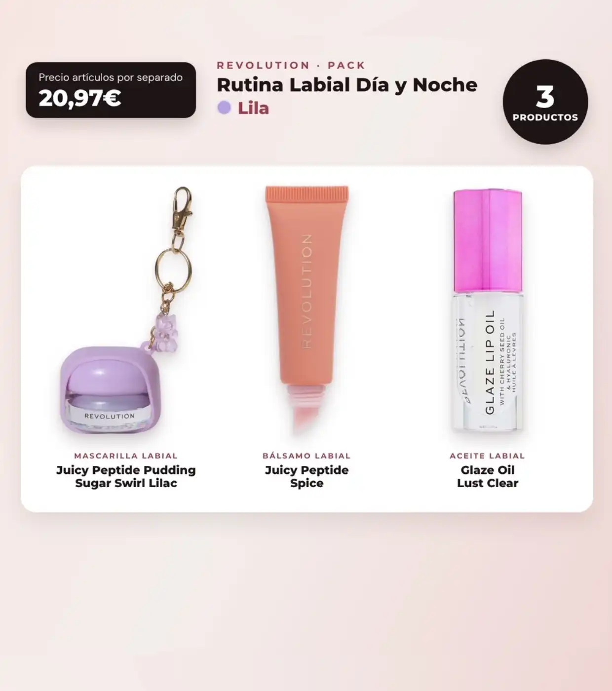 Makeup Revolution - Set de Mascarilla labial Juicy Peptide Pudding - Sugar Swirl Lilac + Bálsamo labial Juicy Peptide - Spice + Aceite para labios Glaze Oil - Lust Clear - Makeup Revolution - Comparador de precios