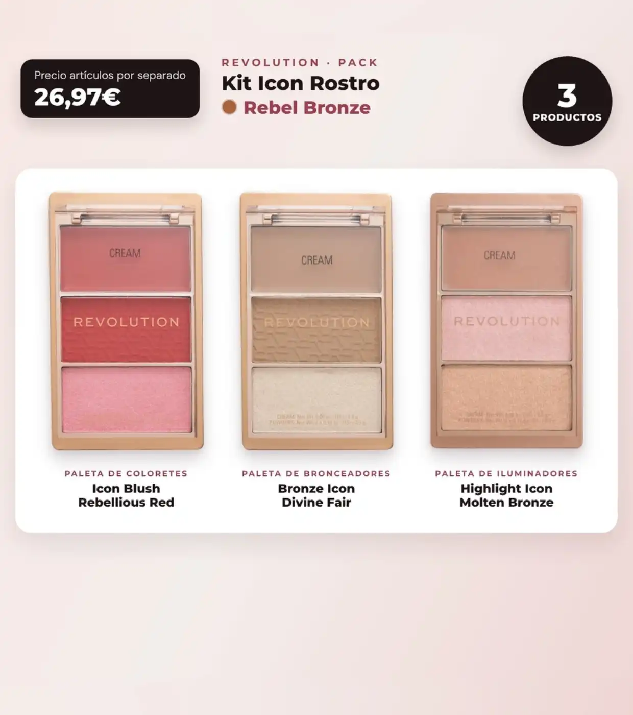 Makeup Revolution - Set de Paleta de coloretes Icon Blush - Rebellious Red + Paleta de bronceadores Bronze Icon - Divine Fair + Paleta de iluminadores Highlight Icon - Molten Bronze - Makeup Revolution - Comparador de precios