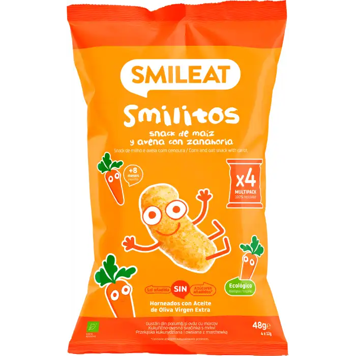 Snack Smilitos de Maíz y Avena con Zanahoria 4 bolsitas 48 gr - SMILEAT - Comparador de precios