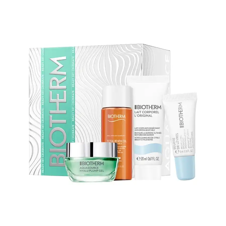 Aquasource Hyalup Recruit Set Set de tratamiento facial Aquasource Hyalu Plump Gel 15 ml + Biosource Total Renew Oil 30 ml + Lait Corporel 20 ml + Beurre de Lèvres 5 ml - Biotherm - Comparador de precios