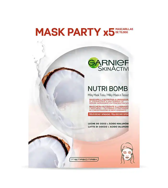 Garnier - Pack de 5 mascarillas faciales nutritivas e iluminadoras Nutri Bomb - Leche de coco - Garnier - Comparador de precios
