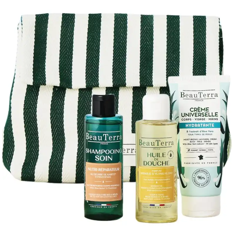 Neceser Esenciales Viaje Champú 100ml + Aceite Ducha 100ml + Crema 100ml - BEAUTERRA - Comparador de precios