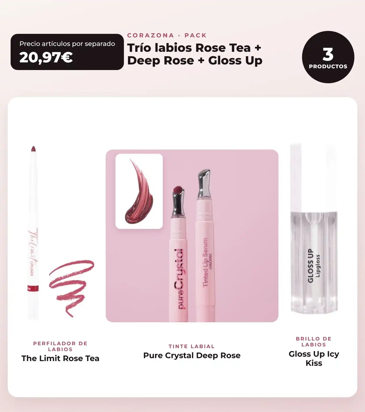 CORAZONA - Pack Trío Labios con The Limit Rose Tea, Pure Crystal Deep Rose y Gloss Up Icy Kiss - CORAZONA - Comparador de precios