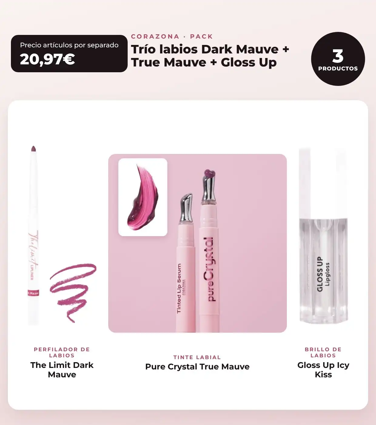 CORAZONA - Pack Trío Labios con The Limit Dark Mauve, Pure Crystal True Mauve y Gloss Up Icy Kiss - CORAZONA - Comparador de precios