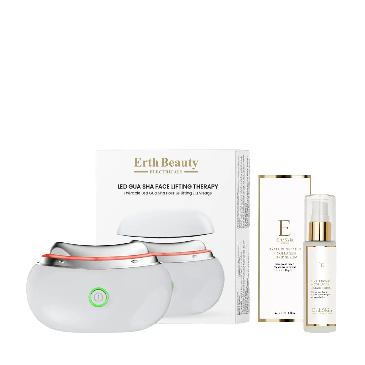 LED Gua Sha Duo Ácido Hialurónico Colágeno Dispositivo de masaje facial eléctrico gua sha led + suero - ErthSkin London - Comparador de precios