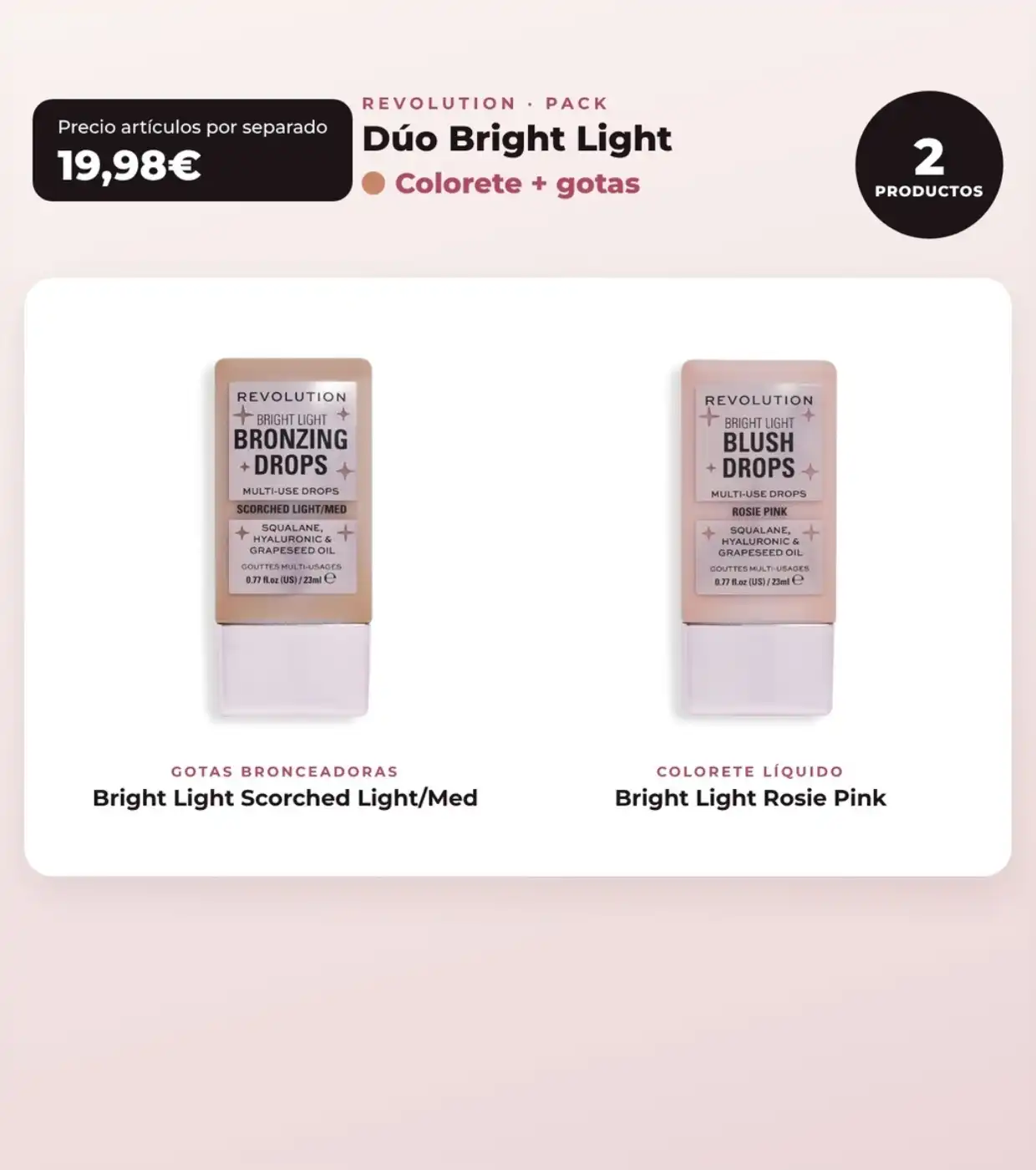 Makeup Revolution - Set de Gotas bronceadoras Bright Light - Scorched Light/ Med + Colorete líquido Bright Light - Rosie Pink - Makeup Revolution - Comparador de precios